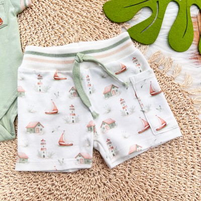 Conj. Body Barquinho Bordado com Bolsinho e Bermuda - Verde e Off White